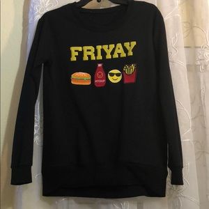 A Black long sleeve sweater with the word “FRIYAY”